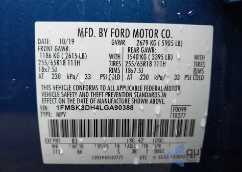 2020 Ford Explorer Xlt z USA, uszkodzony, nr VIN 1FMSK8DH4LGA90388